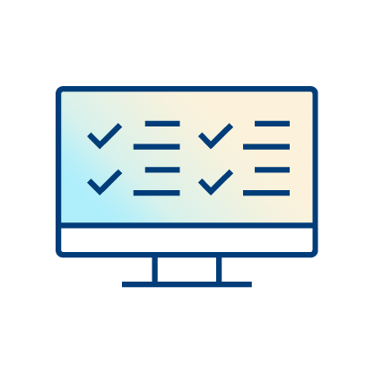 A computer monitor displaying a checklist with several check marks and horizontal lines, symbolizing completed and pending tasks. The screen has a light gradient background.