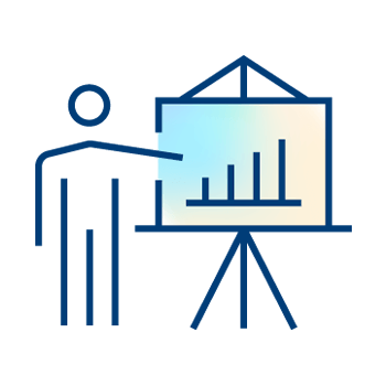 A simple line drawing of a person pointing at a presentation board on a stand, which displays a bar graph with increasing bars, illustrating trends in closed claims data.