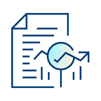 Icon of a document with lines representing text, overlaid by a magnifying glass showing a rising line graph with an arrow, symbolizing data analysis or report growth using closed claims data.