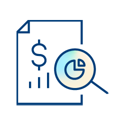 Icon of a financial document with a dollar sign, vertical bars, and a pie chart under a magnifying glass, representing financial analysis or report review.