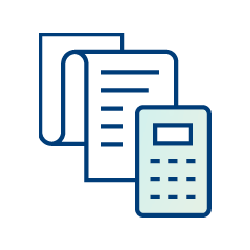 A simple illustration of a calculator next to two overlapping sheets of paper with horizontal lines, suggesting accounting or financial calculations.