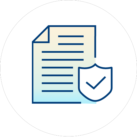 Illustration of a document with horizontal lines and a shield featuring a check mark in front, symbolizing document security or verified information.