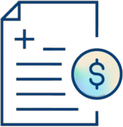 Outlined icon of a document with plus and minus signs, alongside a coin featuring a dollar sign, suggesting Paramount Healthcare financial or billing information.