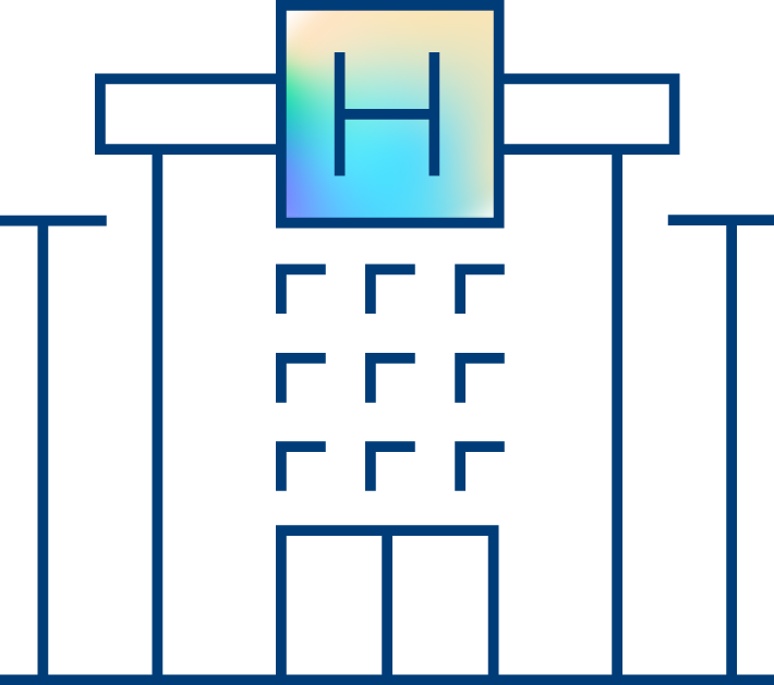 Line drawing of a hospital building with a large letter H in a gradient blue and green square above the entrance, representing a healthcare facility specializing in liver cancer treatment.