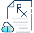 Icon of a prescription document marked Rx and lines for text, next to two capsules, symbolizing medication or pharmacy—ideal for visuals related to HEDIS rate analysis in healthcare settings.