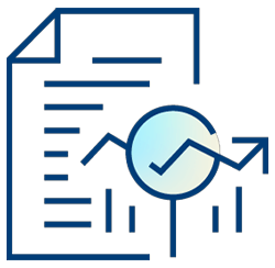 Icon of a document with horizontal lines, next to a magnifying glass highlighting an upward-trending line graph, representing data analysis or HEDIS rate analysis in a financial report.