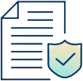 An icon of a document with horizontal lines, representing text, next to a shield with a checkmark, symbolizing security or verified information.
