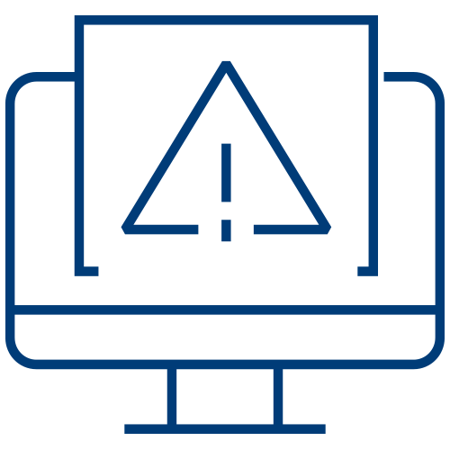 A simple blue outline of a computer monitor displaying a warning symbol with an exclamation mark inside a triangle, representing potential issues found during RADV audits.