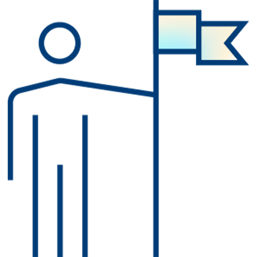 Minimalist blue line drawing of a person standing next to a vertical pole with a flag, evoking themes of organization and staff scheduling, set against a light background.