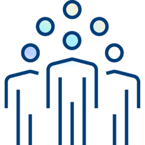 Simple line drawing of three human figures standing side by side with five shaded circles above them, suggesting concepts like community, teamwork, staff scheduling, or collaboration.