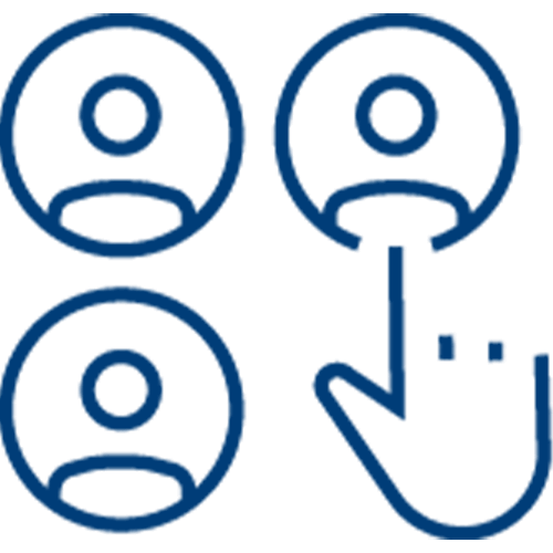 A blue outline icon shows three user profile symbols, with a hand icon pointing to the top right profile, suggesting staff scheduling or selection among users.