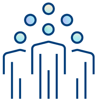 Simple, blue outlined illustration of three human figures standing side by side, with three additional blue circles above them, suggesting teamwork, community, or collaboration.