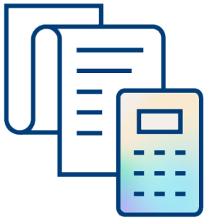 Icon showing two documents behind a calculator with blue outlines and a gradient color fill on the calculator. The design suggests concepts of accounting, finance, or calculations.