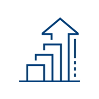 A blue outline of a bar chart with three ascending bars and an upward-pointing arrow above the highest bar, representing growth or progress.