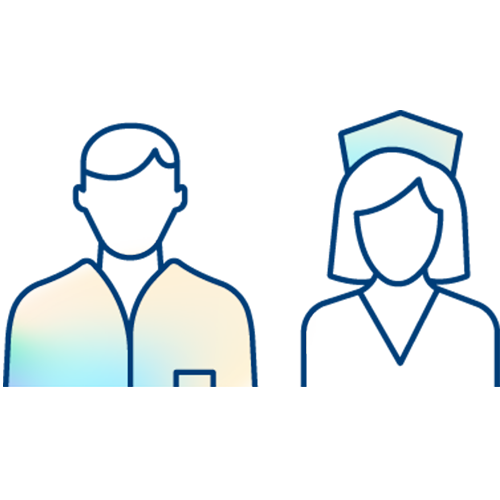 Outline illustration of two faceless figures: a person in a shirt on the left and a person wearing a nurses hat and uniform on the right, both with blue gradient accents.