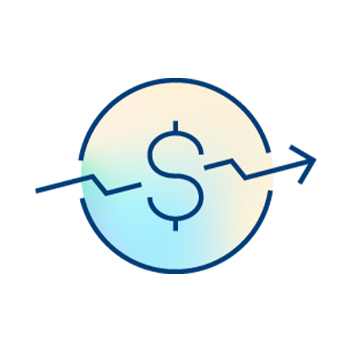 A blue dollar sign inside a circle with a zigzag line running through it and ending in a right-pointing arrow, representing financial trends or movement.