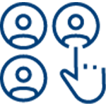 Icon of three user profile circles in a triangular layout, with a hand icon pointing or selecting the middle profile on the right.