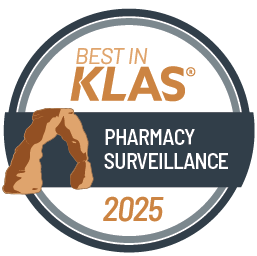 A circular badge reads Best in KLAS Pharmacy Surveillance Software 2025 with an illustration of a rock arch on the left side. The text is in gold, white, and navy blue.