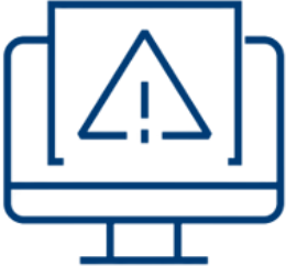 A blue outline of a computer monitor displaying a warning triangle with an exclamation mark inside, indicating an alert or error message on the screen.