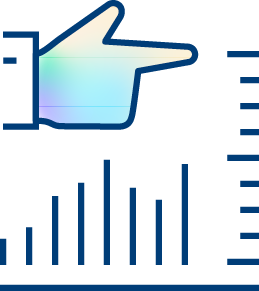 A blue outline of a hand pointing right, with a rainbow gradient fill, is positioned above a bar chart and horizontal lines on a light background.