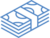 A simple blue line drawing of a stack of paper bills secured with a band, representing money or cash.