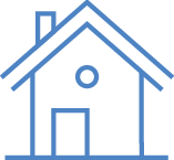 Simple blue outline drawing of a house with a chimney, circular window above the door, and two side windows.