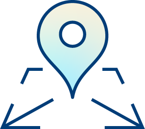A blue location pin icon above three angled lines, resembling a stylized map or navigation symbol on a light background, hints at navigating through real-world data.