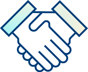 Simple line drawing of two hands shaking, symbolizing agreement, partnership, or cooperation based on real-world data, with blue outlines and minimal shading on the sleeves.