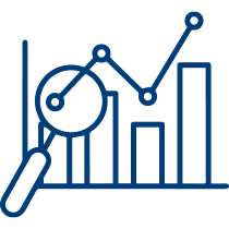 Blue line drawing of a bar chart with a line graph above it, and a magnifying glass highlighting one of the bars, representing data analysis or analytics.