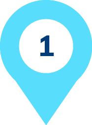 A blue map pin icon with a white circle in the center, displaying the number 1 in bold dark blue text—perfect for marking real-world data points on a map.