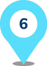 A light blue map pin icon, inspired by real-world data, features a white circle in the center displaying the number 6 in dark blue. A small shadow appears beneath the pin.