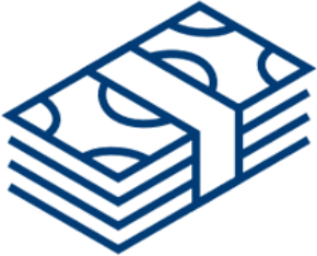 A simple blue line drawing of a stack of paper money bills held together by a band.