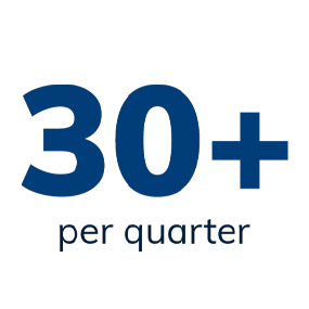Large blue text reads 30+ above smaller text that says per quarter on a light gray background.
