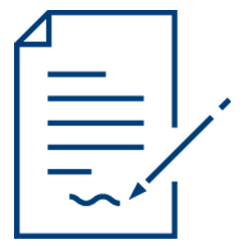 A simple blue outline icon of a document with horizontal lines and a curled signature at the bottom, being signed by a pen—ideal for illustrating reports on healthcare staff burnout.