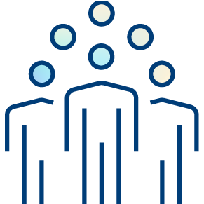 Simple line drawing of three people standing together, with five colored circles above, symbolizing teamwork—ideal for addressing staff burnout or promoting collaboration among healthcare staff.