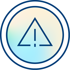 A blue outlined triangle with an exclamation mark inside, set against a soft gradient background and enclosed by two concentric blue circles, symbolizing a warning or alert for staff burnout.