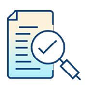 Icon of a document with horizontal lines and a magnifying glass showing a checkmark, representing review, approval, or verification of a document.