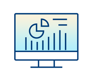 Line drawing of a computer monitor displaying a bar chart, a pie chart, and lines representing data or analytics on the screen, with a light blue and yellow gradient background.
