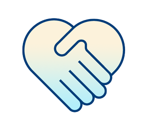 An illustration of two hands shaking, forming the shape of a heart, symbolizing unity and compassion. The drawing uses light blue and beige gradient colors with a simple outline.
