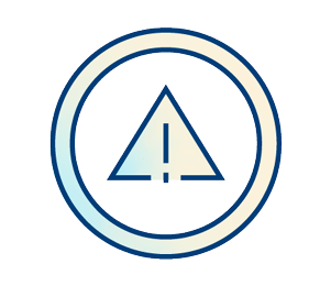 A blue outline of a warning triangle with an exclamation mark inside, enclosed within two concentric circles on a light background.