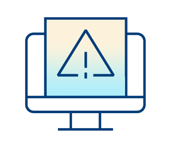 A simple illustration of a computer monitor displaying a warning symbol with an exclamation mark inside a triangle.