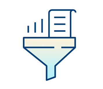 A simple illustration of a funnel with a paper and bar chart entering the top, symbolizing filtering or processing information or data.