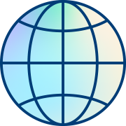 A globe icon with blue outlines and a gradient fill of pastel colors, featuring longitudinal and latitudinal lines to represent the Earth, symbolizing global reach in quality improvement solutions.