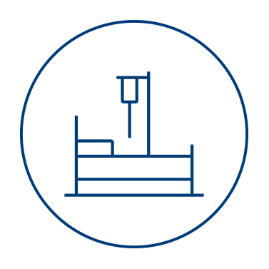 A simple blue line drawing of a hospital bed with an IV drip, symbolizing quality improvement solutions, enclosed in a blue circle on a light gray background.