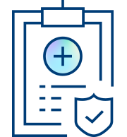 Icon of a medical clipboard with a circular plus sign, lines resembling text, and a shield with a checkmark—symbolizing health records, security, and quality improvement solutions.