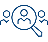 Simple blue line drawing of three people, with a magnifying glass focusing on the person in the center, symbolizing search, selection, recruitment, or identifying quality improvement solutions.