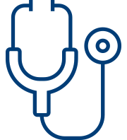 A simple blue outline drawing of a stethoscope on a light gray background, symbolizing quality improvement solutions in healthcare.