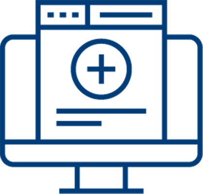 A blue line drawing of a computer monitor displaying a webpage with a large plus sign in the center, symbolizing adding or creating new content related to healthcare staff burnout online.
