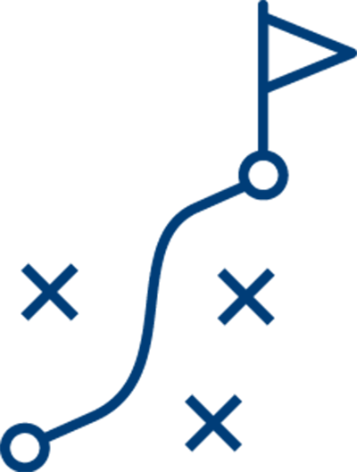 A simple line drawing showing a winding path from a circle to a flag, passing by three X marks. The illustration represents the journey healthcare staff may face in overcoming burnout and finding solutions along their strategy plan.