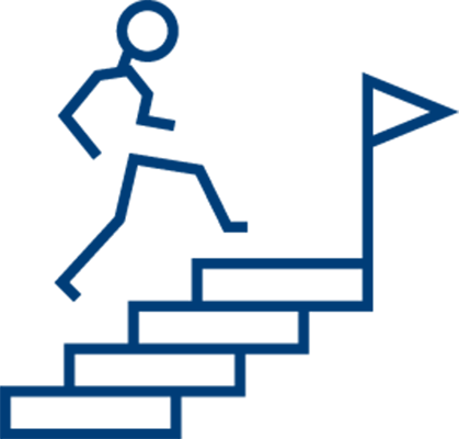 A stick figure climbs a staircase toward a triangular flag at the top, symbolizing progress or achievement despite challenges like healthcare staff burnout.